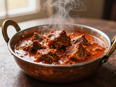 Slow-cooked lamb rogan josh curry in a traditional copper handi, steam rising, rich red sauce, warm low-contrast light