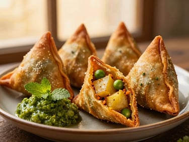 Close-up shot of crispy golden vegetable samosas on a rustic plate, one split open to reveal spiced potato and pea filling, green mint chutney beside it, warm evening light