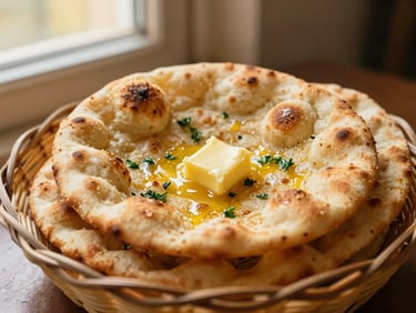 Stack of golden garlic naan flatbreads glistening with melted butter, served in a rustic basket