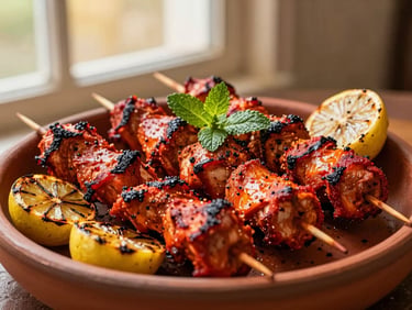 Sizzling red tandoori chicken skewers fresh from the clay oven, garnished with charred lemons and fresh mint, warm lighting