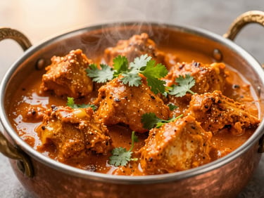 Warm editorial food photography of a steaming copper bowl filled with rich orange chicken tikka masala, garnished with fresh cilantro, shallow depth of field, 35mm