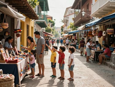 Medium-wide shot of a family exploring a colorful open-air market in Cartagena Colombia, parents browsing handcrafts while kids point excitedly at stalls, warm midday light, safe pedestrian street lined with vendors