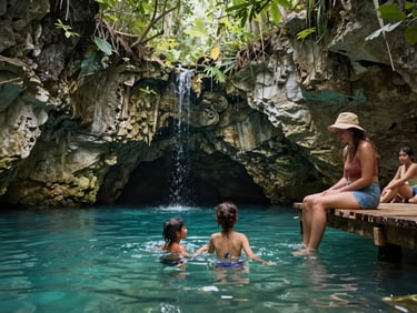 Wide environmental shot of a family of four at a cenote in the Yucatan Mexico, children wading in turquoise water near limestone walls, parents watching from a wooden platform, soft diffused natural light filtering through jungle canopy above