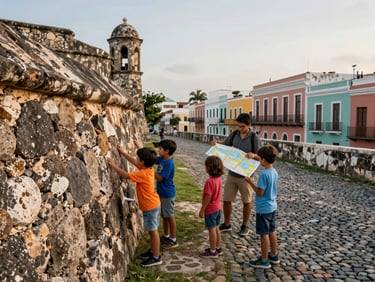 Medium-wide environmental shot of a family exploring a historic fort in Old San Juan Puerto Rico, children touching the ancient stone walls, parents reading a posted map, soft morning daylight on the cobblestones, colorful facades in the background