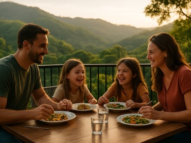 Medium-wide shot of a family sharing a meal at an outdoor terrace restaurant in San José Costa Rica, lush green hills visible behind them, children laughing over plates of food, warm late-afternoon golden light on the table