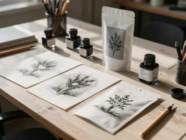 A sun-drenched creative studio table in Provo, scattered with charcoal sketches, ink bottles, and physical packaging mockups under soft morning light.