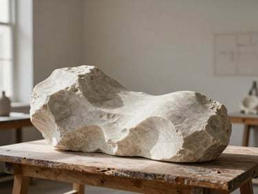 Fine art photography of a half-carved organic marble sculpture resting on a wooden workbench in a sunlit artist studio, soft side-light highlighting the rough chisel marks and smooth curves, warm tones.