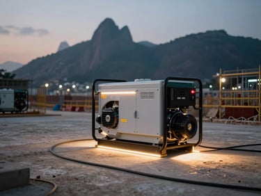 Close environmental shot looking across a Rio construction site at dusk, a mid-size generator unit connected to temporary site lighting cables, harsh tungsten spill on concrete ground, no people, industrial documentary