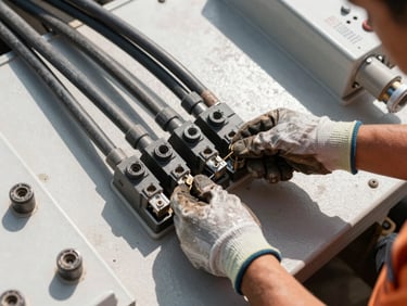 Close-up overhead view of thick industrial power cables and connection panels on a Rio de Janeiro jobsite, a technician's gloved hands connecting a load terminal, harsh daylight from above casting sharp shadows on the equipment surface