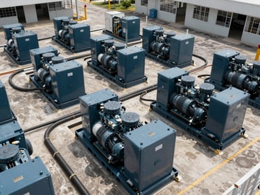 Overhead wide shot of an industrial facility yard in Rio, multiple large generator sets arranged in parallel, heavy-gauge cabling visible on concrete pad, harsh daylight, no workers, technical documentary style