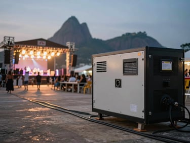Wide evening shot of an outdoor event space in Rio, generator unit positioned to the right of frame with power cables running toward stage rigging, ambient warm light from the stage, no posed people, documentary framing