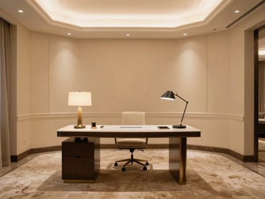 Pristine deluxe hotel suite interior, soft ambient indoor light, rich champagne tones, elegant modern workspace, 35mm