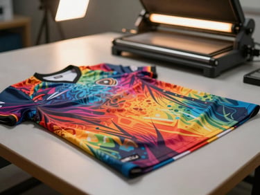 Sublimation-printed polyester jersey laid flat on a light work table, vivid full-color graphic visible, heat press in the background out of focus, warm fluorescent overhead light