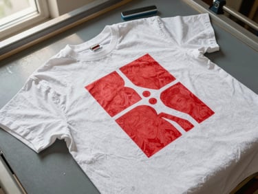 Overhead flat-lay of a freshly screen-printed white cotton t-shirt with bold red graphic, still on the platen, squeegee resting beside it, natural window light from the left casting soft shadows