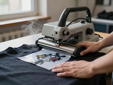 Hands pressing a heat-transfer film onto a dark fabric garment using a heat press machine, steam rising slightly, shop window light in the background, transfer paper partially peeled to reveal the print