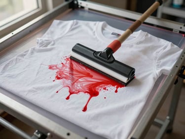 Close-up overhead flat-lay of a silk screen with red ink mid-squeegee pass on a white cotton t-shirt, stencil edges crisp, shop floor visible below, natural window light from the left