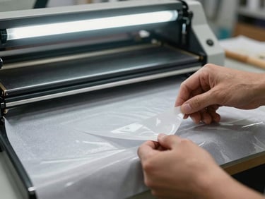 Hands carefully peeling a heat-transfer vinyl decal from backing paper onto a light grey fabric, heat press machine visible in the background under fluorescent shop lighting