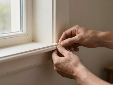 Close-up of hands-on carpentry work, aligning a skirting board with a neat finish, soft natural light