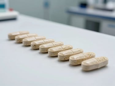 A precise row of uniform herbal tablets on a sterile white surface, cleanroom background, sharp technical lighting.