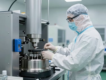 A cleanroom technician in full sterile protective equipment monitoring a high-capacity rotary capsule filling machine, bright clinical lighting.