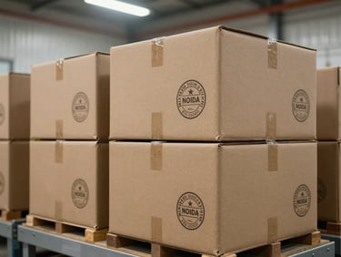 Pristine cardboard shipping crates stamped with quality control seals inside a sterile, brightly lit Noida warehouse.