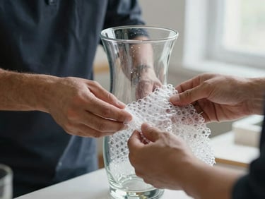 Close-up of professional hands carefully wrapping a fragile glass vase with thick protective bubble packaging, bright natural indoor lighting.