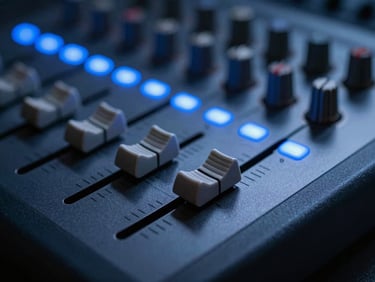 Macro close-up of a professional solid-state broadcast console, faders aligned, cool blue indicator lights reflecting on brushed charcoal aluminum, shallow depth of field, 35mm.