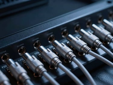 Close-up of professional audio patching bay with silver cables inserted, clean metallic textures, low-key cool studio lighting