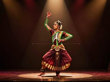 Technical UI mockup of a dancer in a skeletal tracking overlay, green posture alignment lines, real-time geometry analysis on a dark interface.