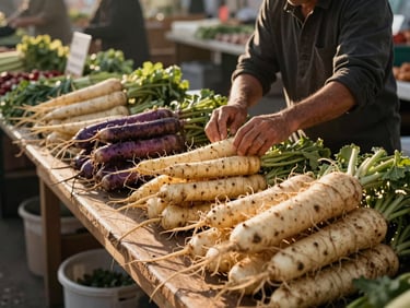 Wide environmental shot of a local farmers market stall at dawn, a farmer arranging root vegetables on a wooden table, soft golden hour light raking across the produce, no customers yet