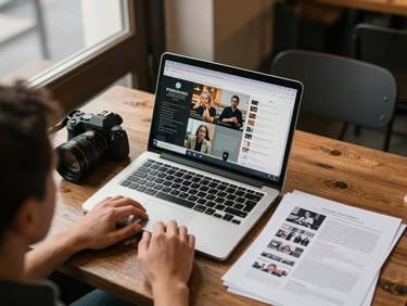 Behind-the-scenes overhead shot of a Pomodoro team member reviewing social media content on a laptop, a camera and printed shot sheets on the table beside it, warm window light, café setting