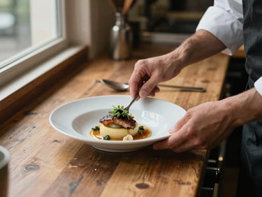 Close-up of hands plating a dish on a worn wooden counter, natural window light from the left, a chef's apron visible at the edge of the frame, quiet restaurant kitchen before service