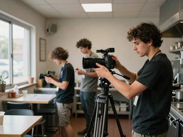 Documentary wide shot of an agency team member adjusting a camera on a tripod inside a small restaurant kitchen, natural light from a window on the left, prep counter visible in the background, candid mid-action moment