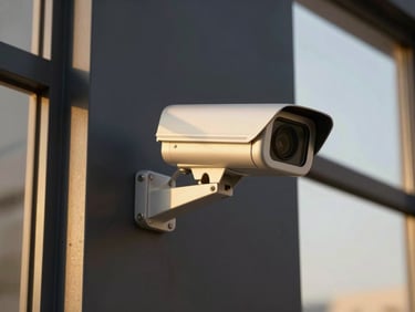 Close-up of a sleek modern security camera mounted on a clean dark architectural wall, soft golden-hour side lighting, professional installation, 35mm