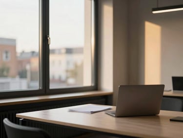 Bright modern office interior in Arras, natural side-light through large windows, clean minimalist desk with papers and a laptop, professional atmosphere, 35mm