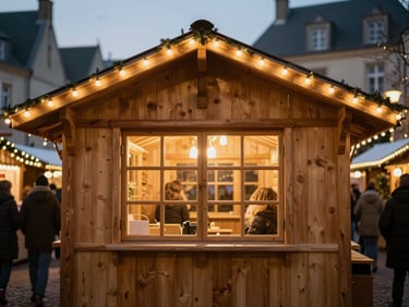 Warm editorial shot of a festive wooden Christmas market chalet in Arras at dusk, warm golden lights glowing from inside, soft focus, 35mm
