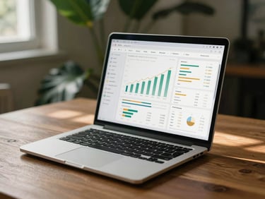 Modern laptop displaying clean financial dashboards on a wooden desk, soft shadows from tropical foliage, shallow depth of field, 35mm