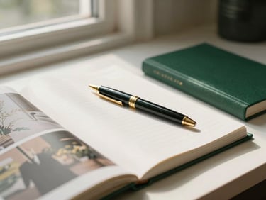 A clean minimalist workspace with natural light, a high-end pen resting on a neat financial ledger, warm editorial photography, 35mm