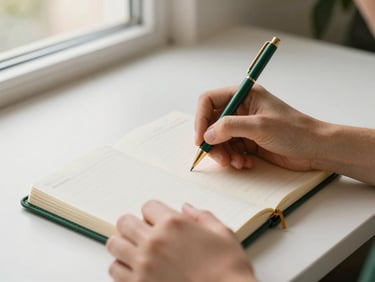 Close-up of hands writing in a high-quality green planner on a clean minimalist desk, warm natural window light, 35mm