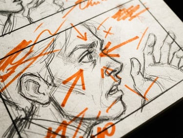 Extreme close-up of a raw storyboard sketch with bold orange marker annotations, harsh direct sunlight, deep shadows, 35mm film.