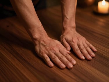 Close-up of hands applying rhythmic pressure during a Thai massage, warm amber light, teak wood tones, shallow depth of field.
