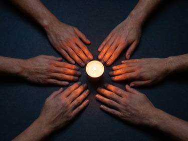 Abstract view of four hands in synchronized motion on a body, deep slate background, low-key lighting, 50mm lens.