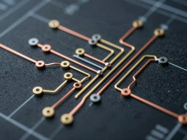 Macro shot of a highly detailed electrical CAD schematic, single-line diagram with copper-gold accent lines on a dark blueprint background, technical-editorial framing.