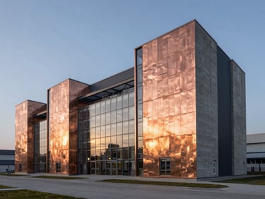 Wide-angle architectural elevation of a modern industrial facility at dusk, dramatic copper lighting reflecting on concrete and steel facades, clean technical lines.