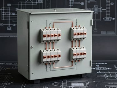 A highly detailed CAD electrical schematic of a power distribution panel, clean technical lines, copper accents, dark background, blueprint style
