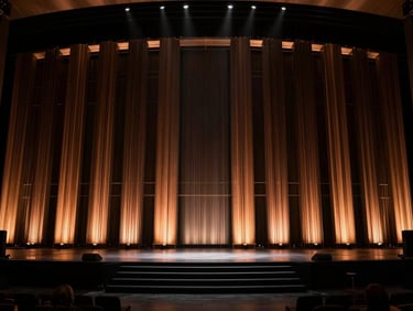 Dramatic architectural lighting on a massive corporate stage setup, high contrast, warm bronze ambient glow, 35mm lens