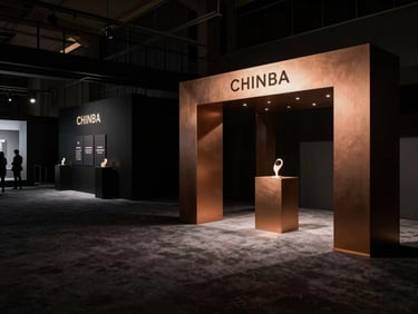 Wide environmental shot of an immersive brand activation space, moody ambient event glow, high-contrast shadows, premium finishes