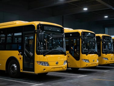 Row of modern yellow institutional buses parked in a sleek, dark terminal, clean metallic finishes, dramatic low-key lighting.