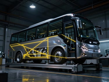 Cinematic low-angle shot of a premium bus chassis undergoing structural stress testing in a dark industrial laboratory, dramatic yellow laser lines scanning the frame, high-contrast lighting