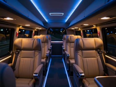 Interior of a premium sleeper bus cabin at night, ambient blue and warm yellow LED lighting, high-end leather stitching on ergonomic berths, ultra-modern automotive design.
